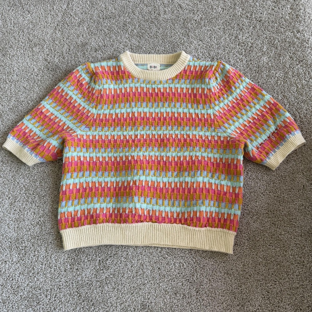 BiBi Sweater Womens XL Multicolor Striped Short Sleeve Crew Neck Chunky Knit